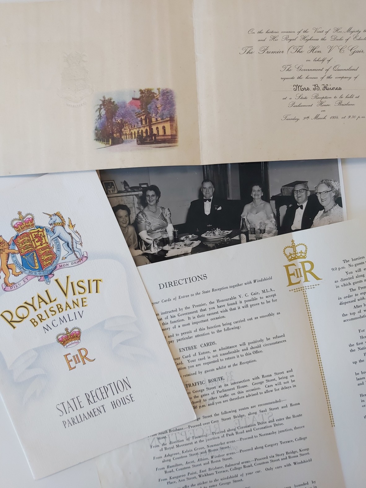 Invitation, formal directions and program for the Royal visit and State Reception, March 1954