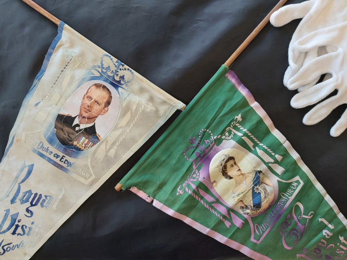 Pennants featuring Her Majesty Queen Elizabeth II and His Royal Highness Prince Philip were  created as souvenirs of the 1954 royal visit to Fitzroy Shire and Rockhampton