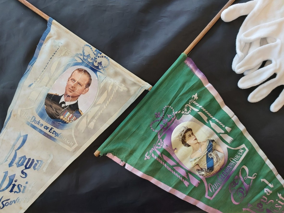 Pennants featuring Her Majesty Queen Elizabeth II and His Royal Highness Prince Philip were created as souvenirs of the 1954 royal visit to Fitzroy Shire and Rockhampton