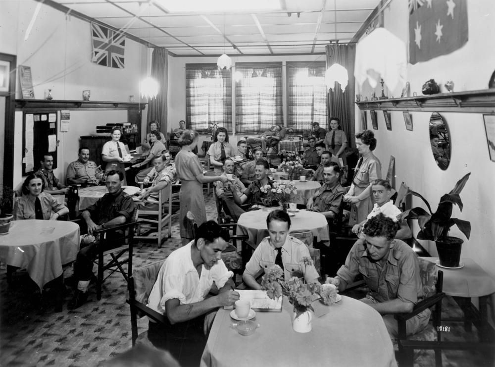 Servicemen and women enjoying the facilities at tearooms in George Street Brisbane, during World War I