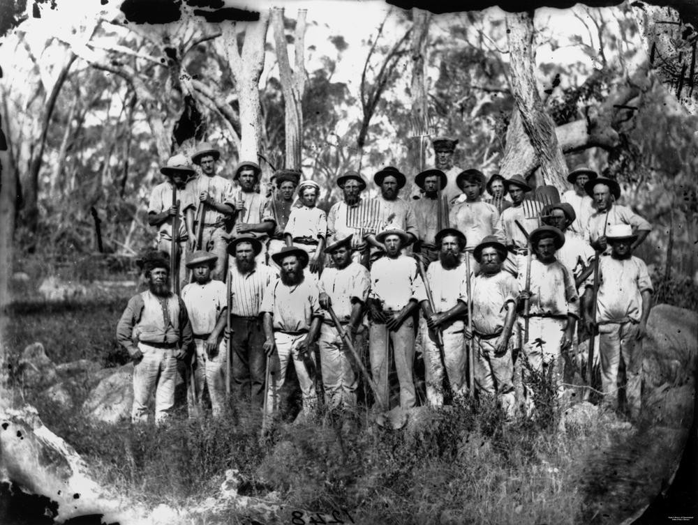 A group of tin miners near Stanthorpe, ca. 1872.