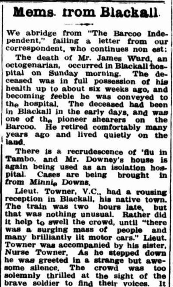 Description of Lt Towner VC and Nurse Towner in Blackall, 1919. 