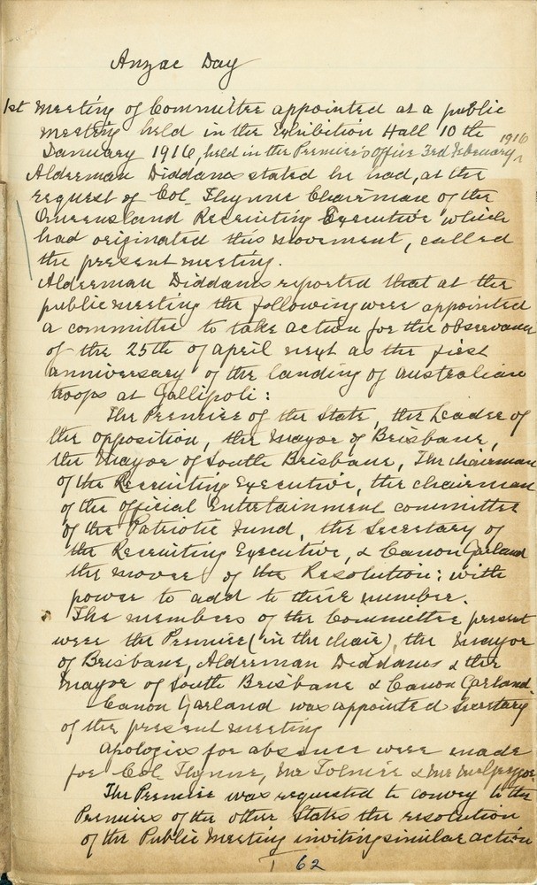 Minutes of the first meeting of the Anzac Day Commemoration Committee, 3 February 1916