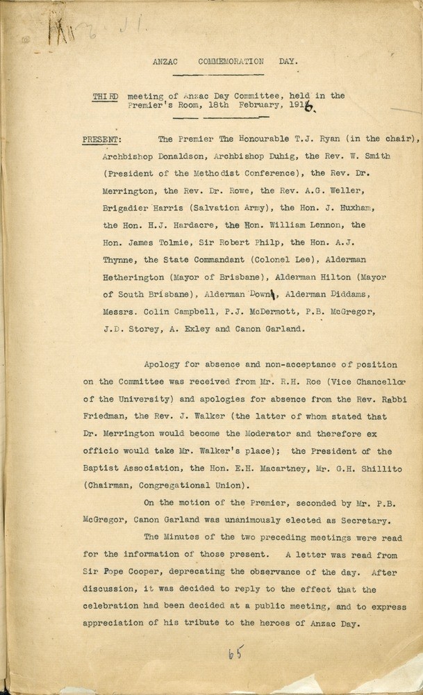 Minutes of the third meeting of the ADCC, 18 February 1916, in which the committee members are listed.