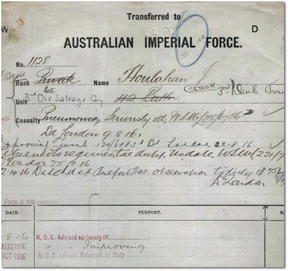 Service record, Jack Houlahan