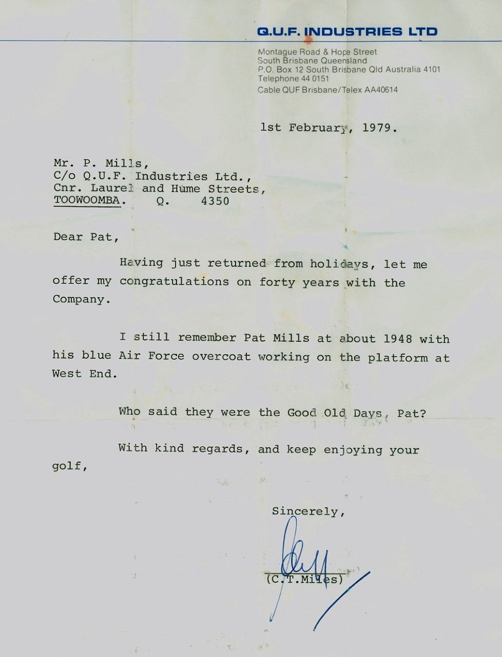 Letter to Pat Mills, congratulating him on 40 years employment at Peters Ice Cream Factory signed by C.T.Miles