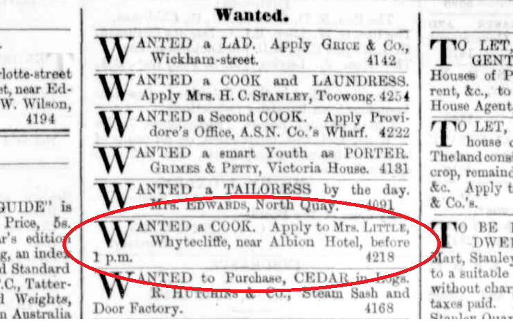 Newspaper advertisement for a cook at Whytecliffe. Published in the Brisbane Courier, 23 March 1878