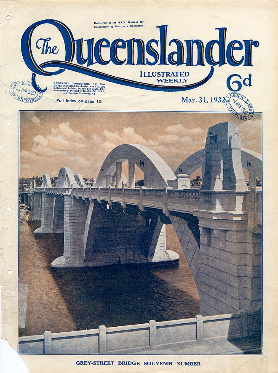 Illustrated cover page from the Queenslander of the William Jolly Bridge (then called the Grey Street Bridge), which was officially opened 30 March 1932. The Brisbane Courier on the same day gave most of its edition to coverage of the opening of the Grey Street Bridge, from history to speeches, ladies' dress and events. It also highlighted the prospectus for the Hornibrook Highway.