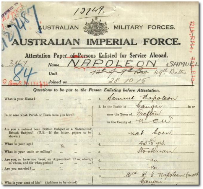 Service record, Samuel Napoleon